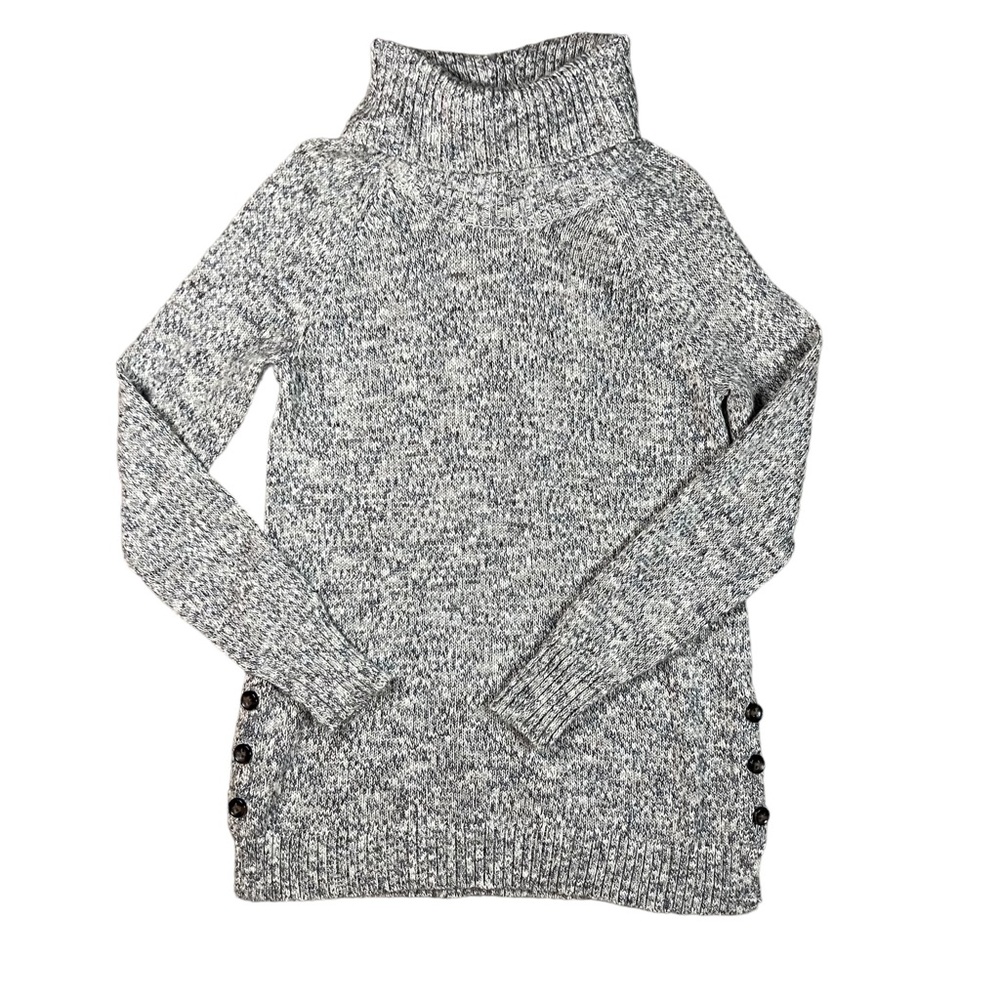 Leo & Nicole Small Marled Multicolor Gray Knit Button Detail Turtleneck Sweater.
